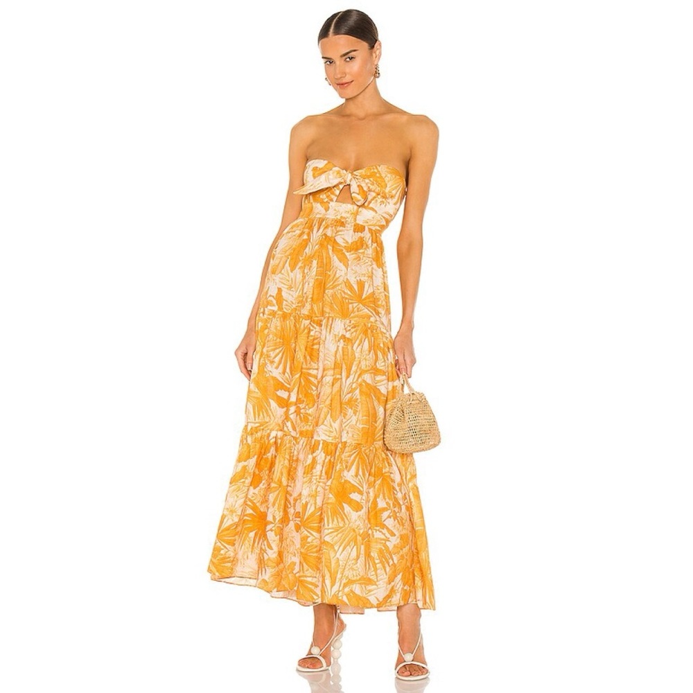 Aqua Tropical Print Tiered Midi Dress In Yellow Gold/White NWT L